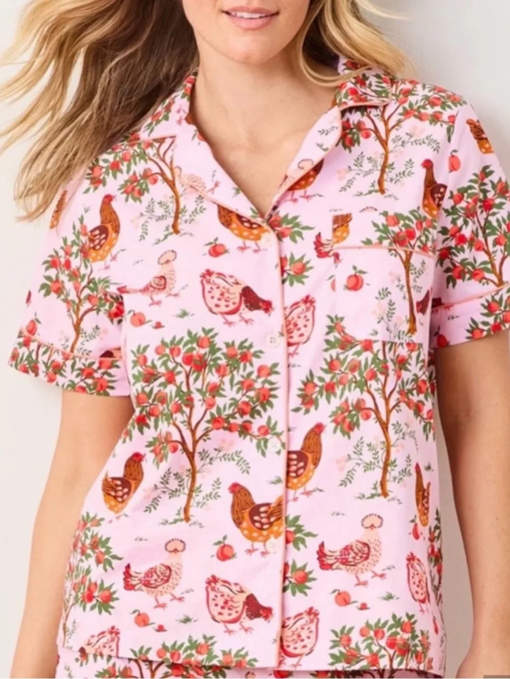 Print Fresh Hen House Organic Cotton Pajama Set Short Sleeve & Pants Pink Size S - Picture 12 of 16
